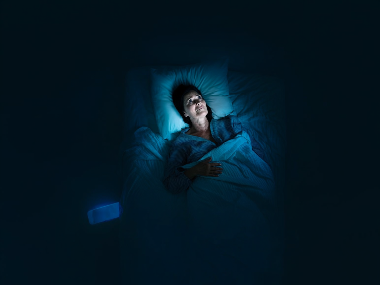 woman awake in bed late at night